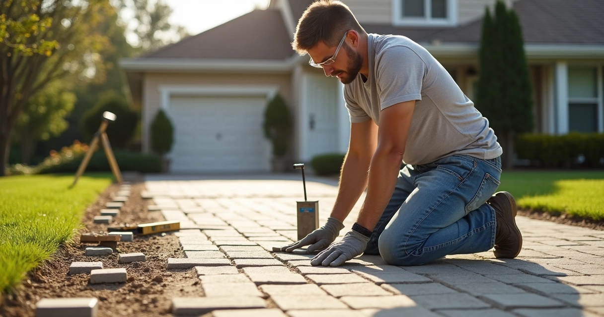 Professional contractor installing pavers with edge restraints 