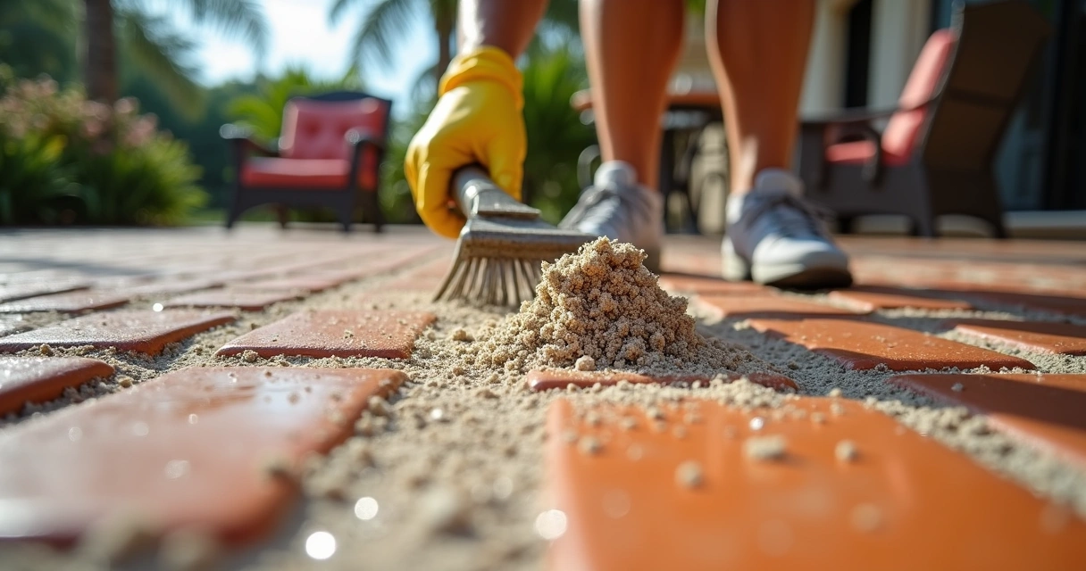 Hands applying joint sand between outdoor brick pavers after a storm in Orlando
