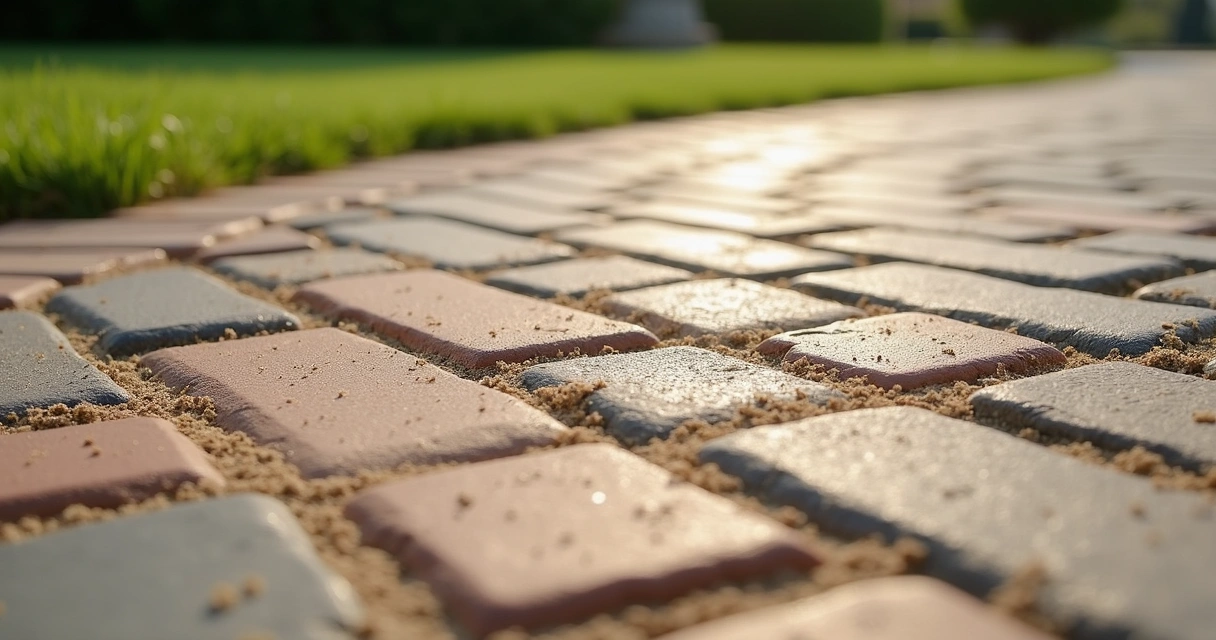 Close view of brick paver joints filled with polymeric sand