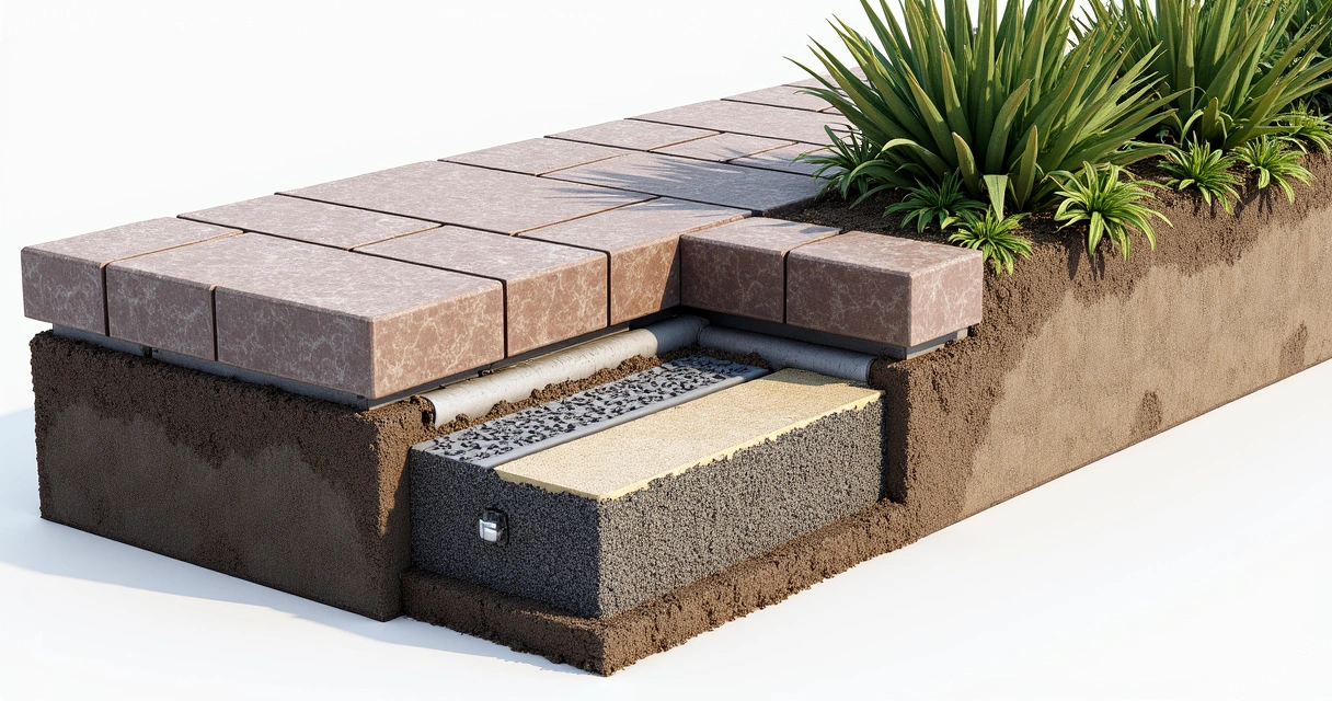 Close-up showing drainage system integrated with paver lighting 