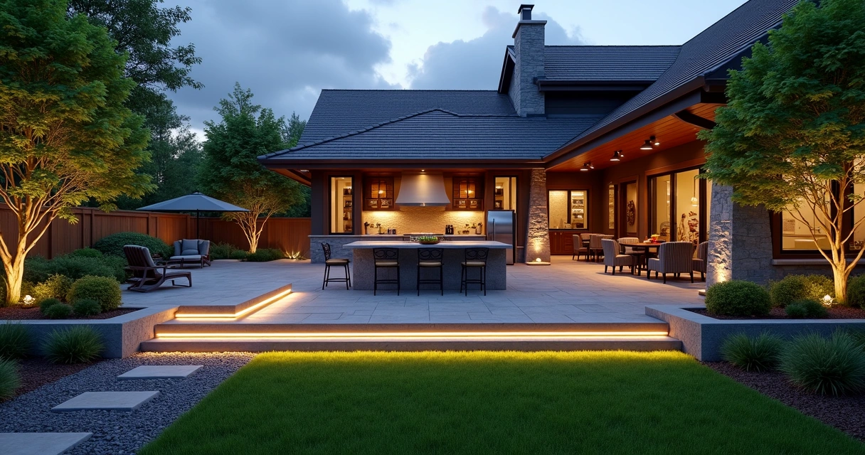 Paver patio and outdoor kitchen with pathway lights 
