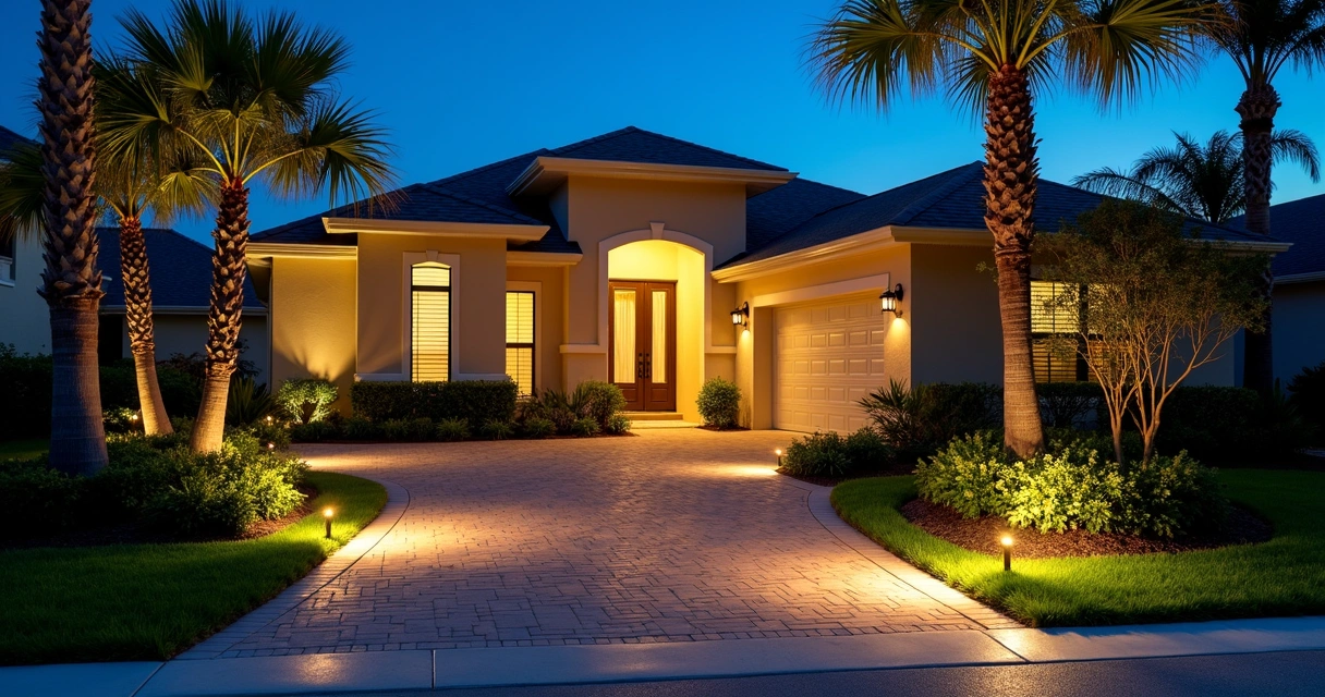 Well lit paver driveway at night with subtle step and path lights in Orlando 