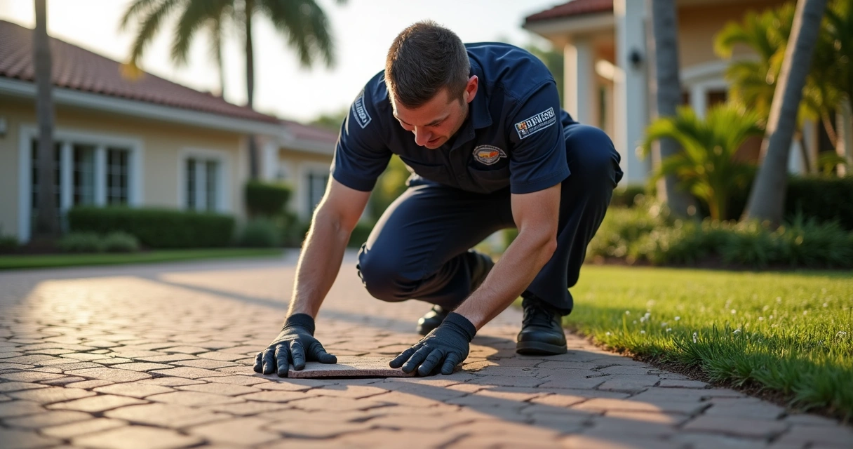Technician performing maintenance on paver lighting 