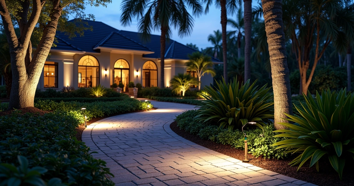 Outdoor paver lighting installed on a walkway at night in Orlando 