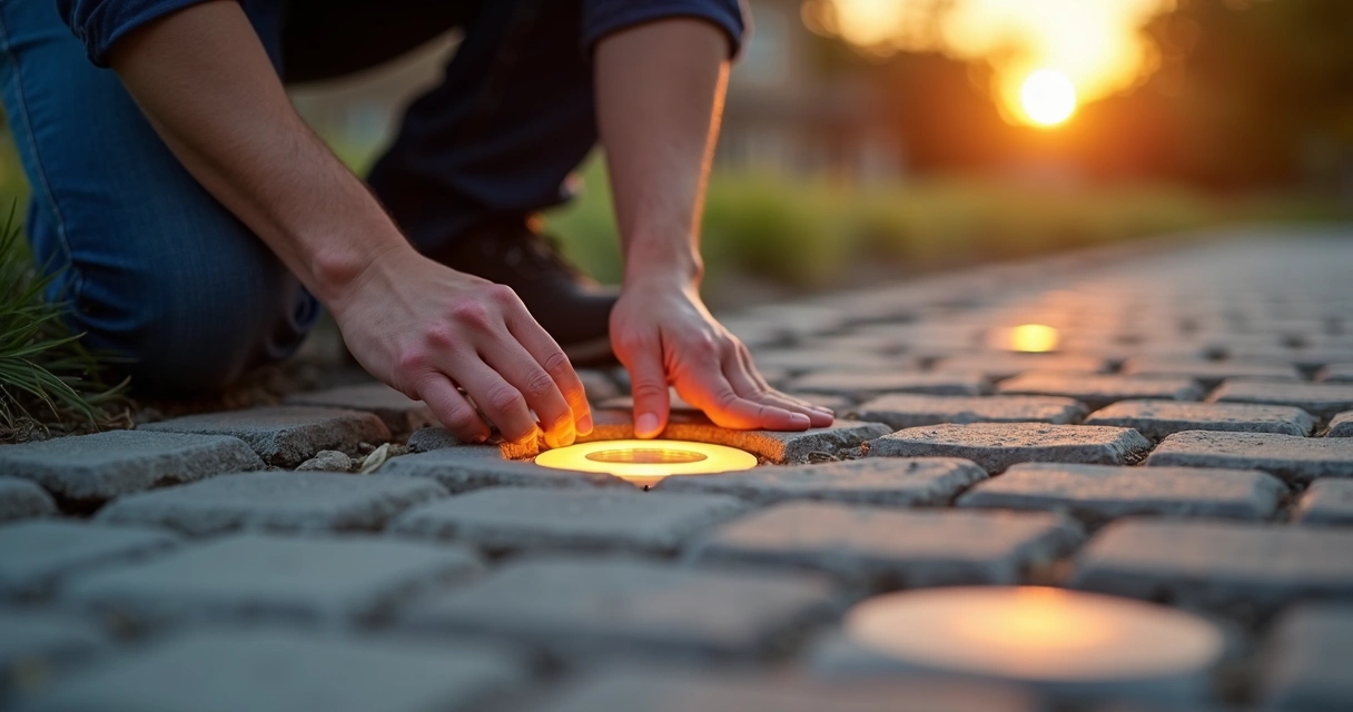 Close-up of paver lights being installed in a stone pathway 