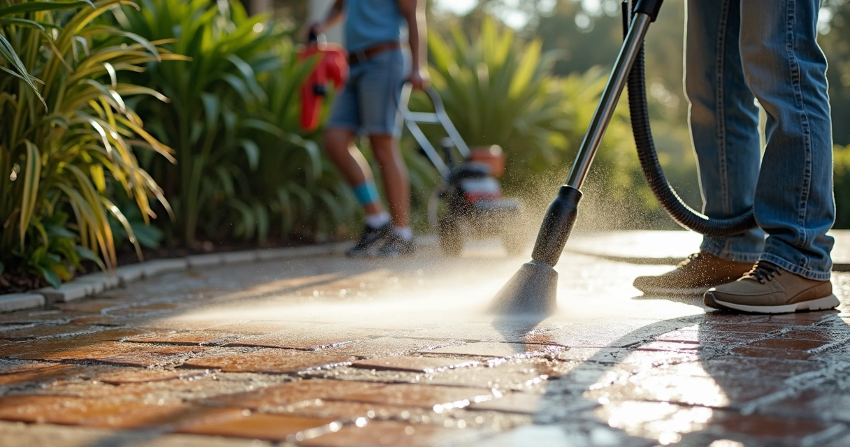 Maintenance worker vacuuming and pressure-washing permeable pavers
