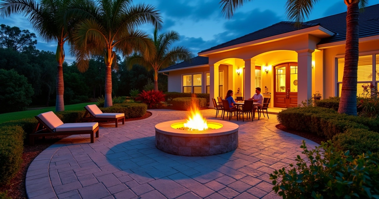 Paver patio with wood fire pit at night