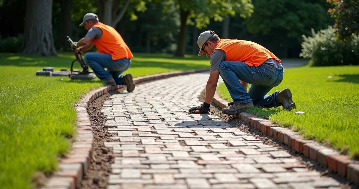 Workers installing herringbone brick paver pattern 