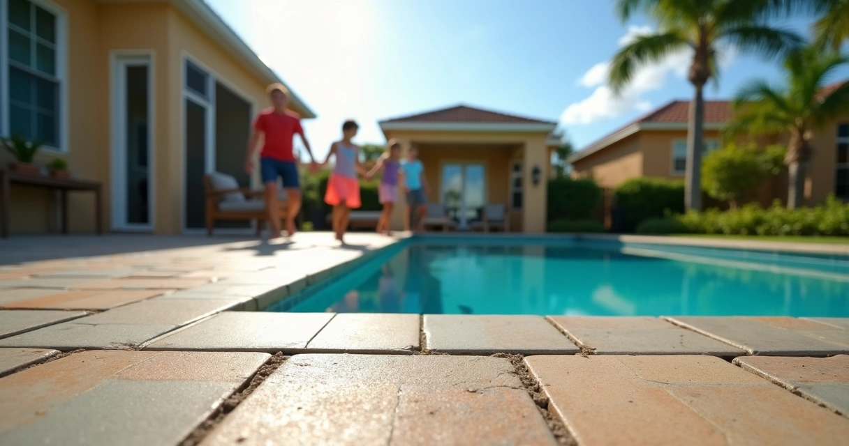 Family walking on textured paver pool deck with anti slip treatment in Orlando 