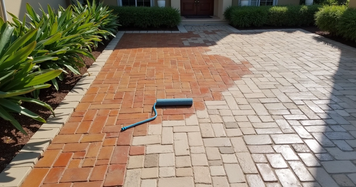 Paver patio being resurfaced with new sealant 