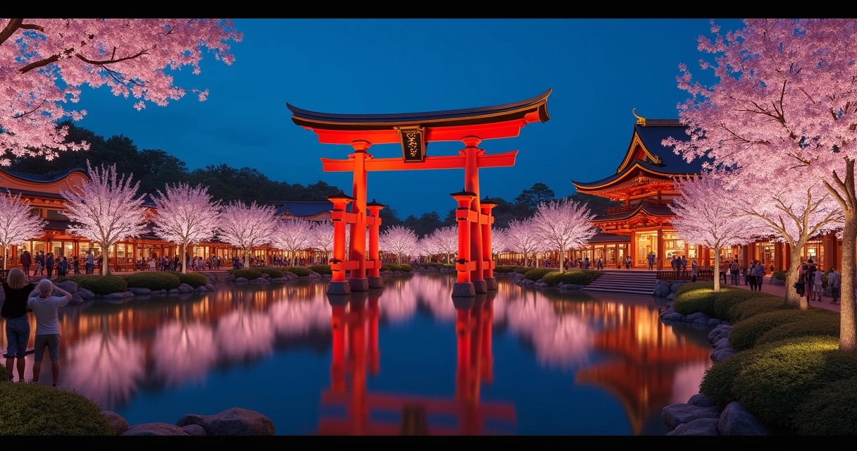 Pavilhão do Japão iluminado à noite sobre lago no Epcot 