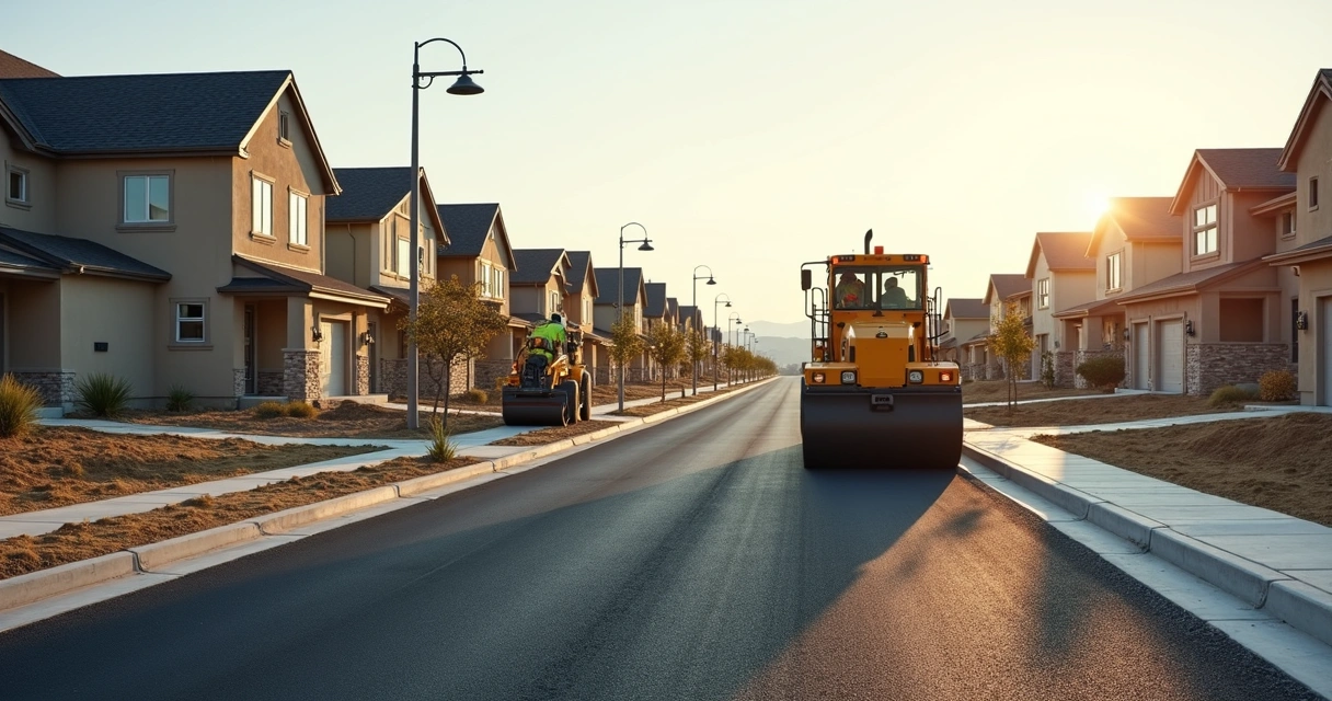 Operários aplicando asfalto em rua de loteamento 