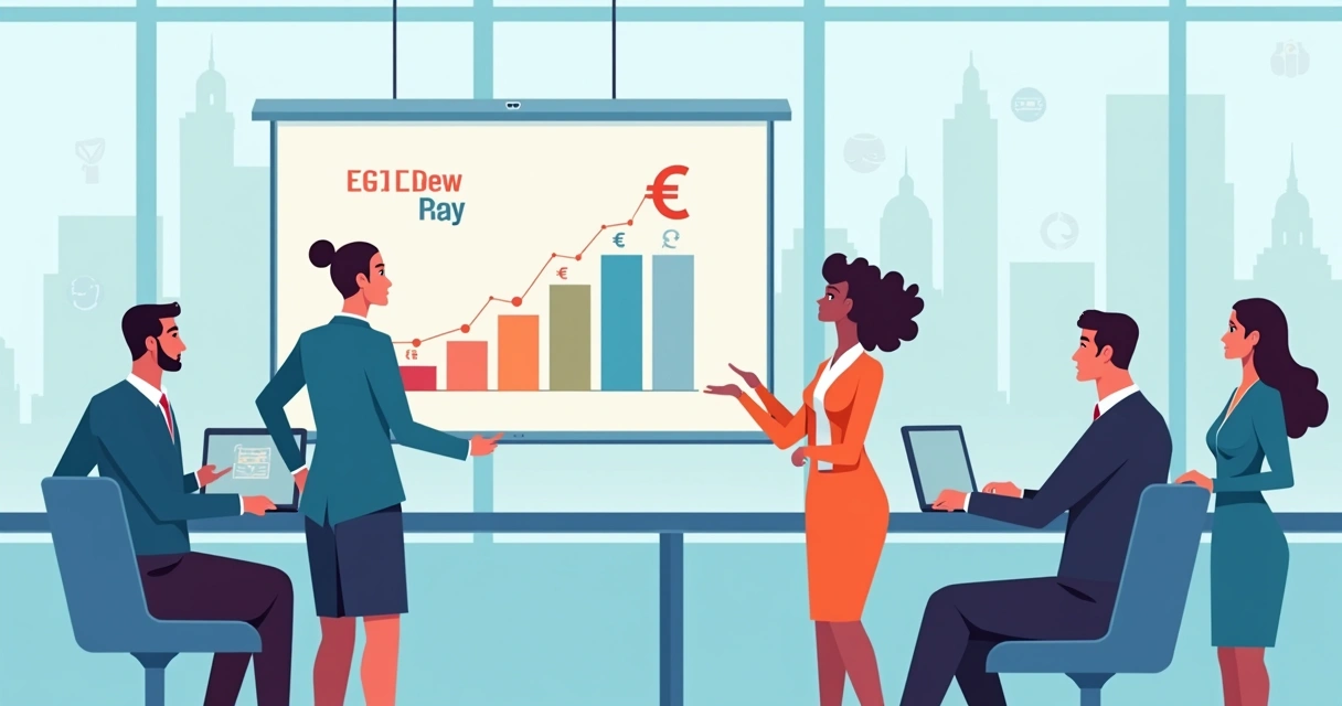 HR manager presenting equal pay salary chart on screen in European workplace. 