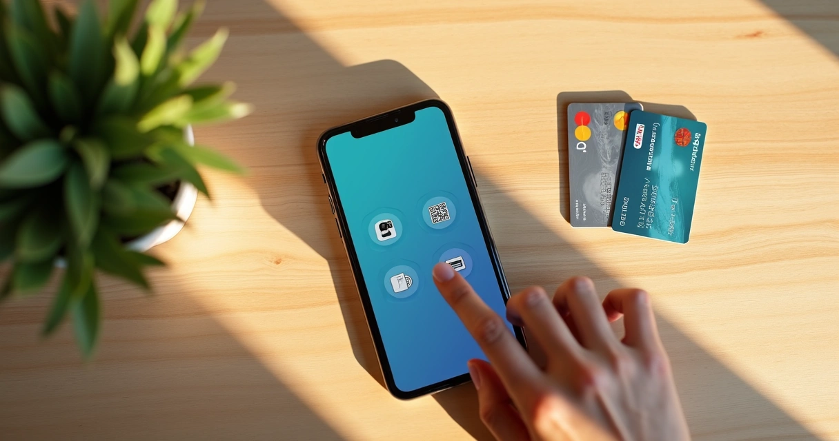 Mobile phone with payment icons and credit cards 
