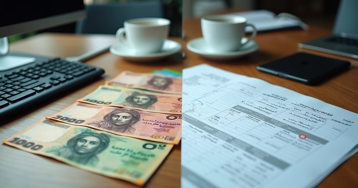 Two modern office desks with payroll documents, one Saudi themed and one UAE themed side by side