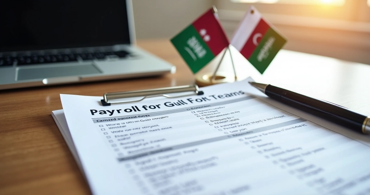 Payroll compliance checklist on desk next to laptop and Saudi and Qatari flags 