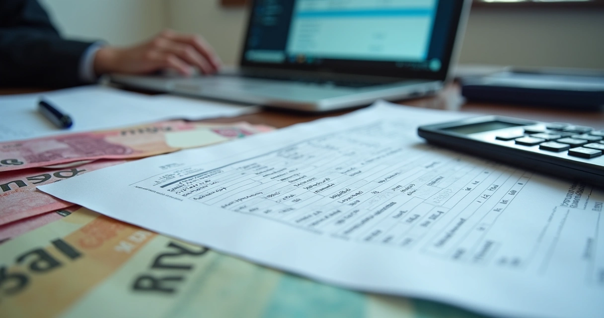 Payroll documents and Saudi riyal banknotes on office desk 