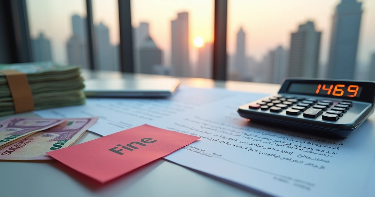 Payroll documents, calculator, and Saudi riyal fines laid on an office desk 