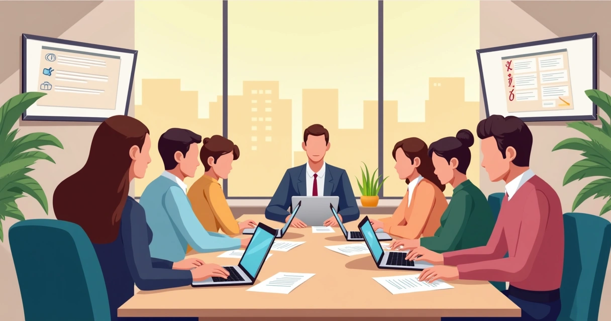 European HR team in a modern office reviewing payroll compliance documents. 