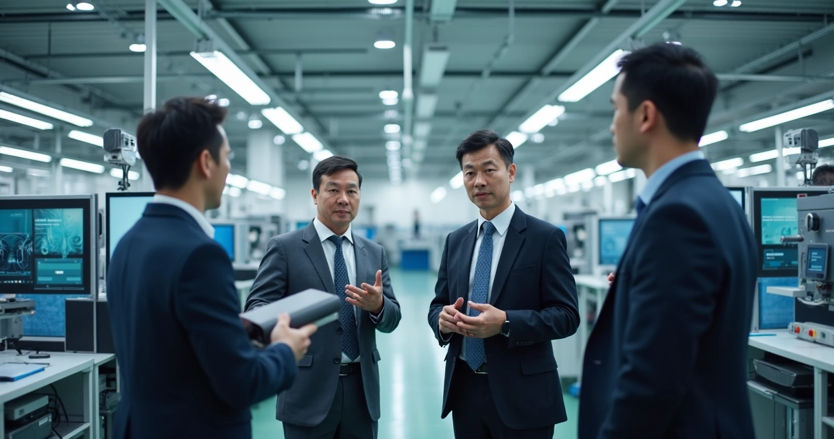 Chinese manager with European employees at onboarding meeting, factory machinery in background