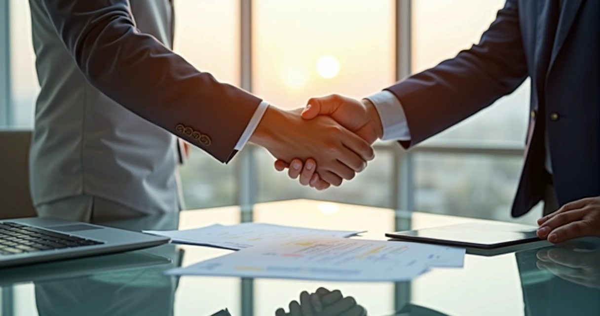 Two business professionals shaking hands over contract in modern office 