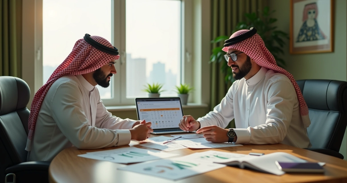 HR manager consulting with payroll outsourcing advisor in Saudi office 