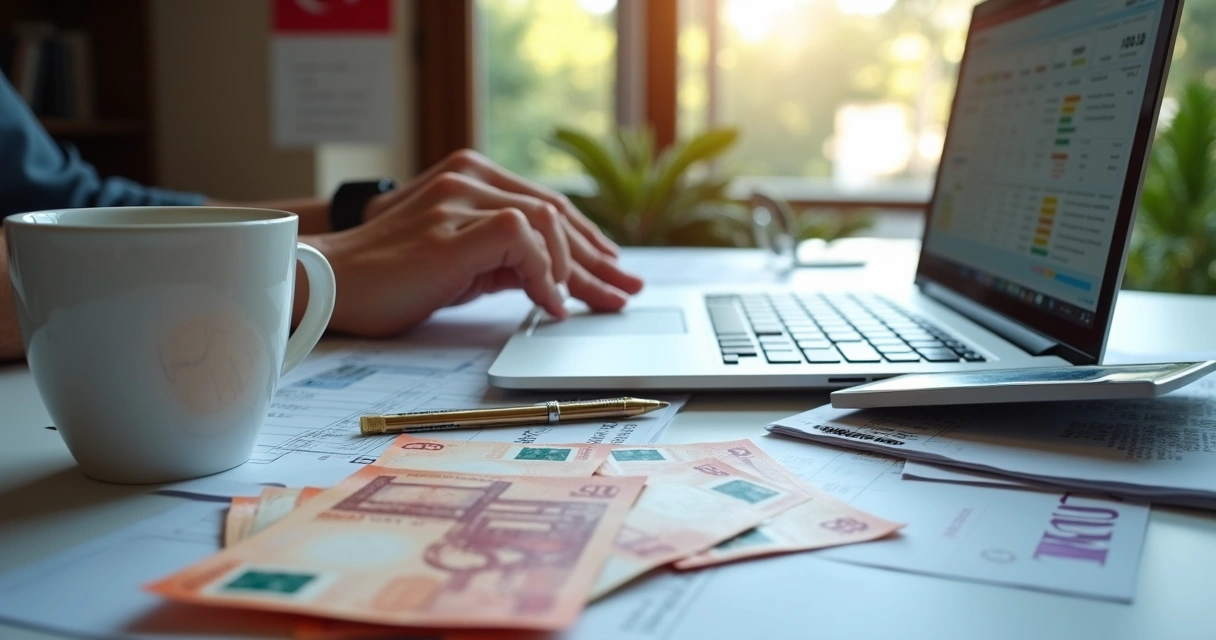 Payroll processing workspace with Turkish currency and digital tools 