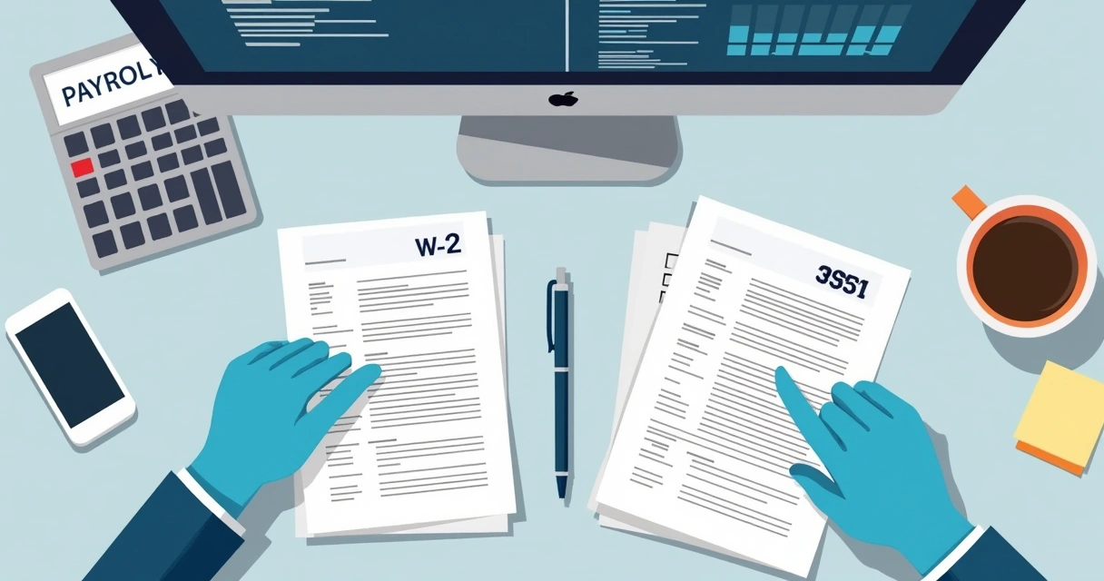 Desk with payroll tax forms, calculator, and coffee cup 