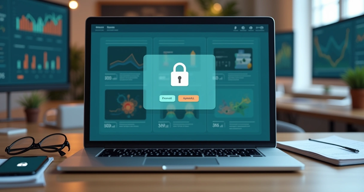 Tela de e-commerce com produtos e ícone de cadeado representando paywall digital 