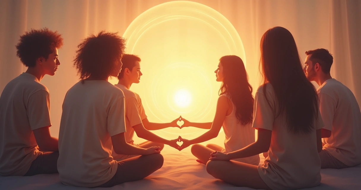 Conceito visual de pessoas diferentes formando uma consciência coletiva, em tons suaves e claros 