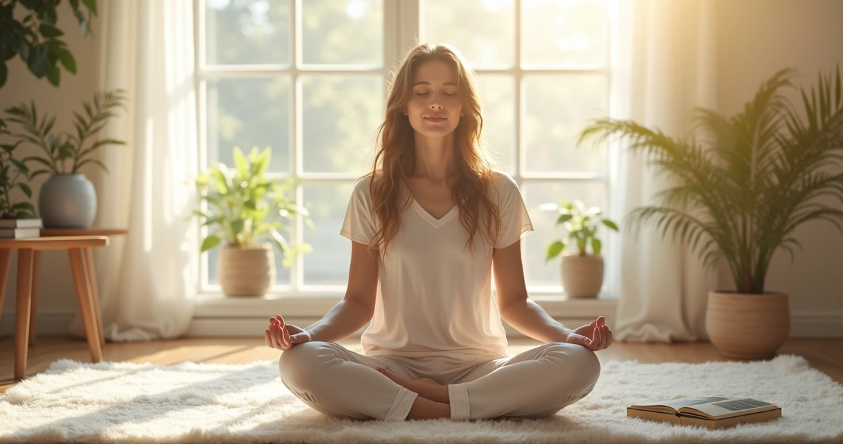 Pessoa sentada em posição relaxada, semblante sereno, rodeada por tons suaves e luz suave