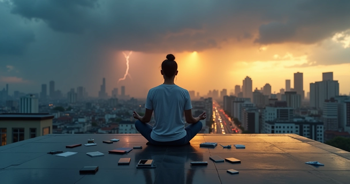 Persona sentada en calma en una azotea con tormenta sobre la ciudad 