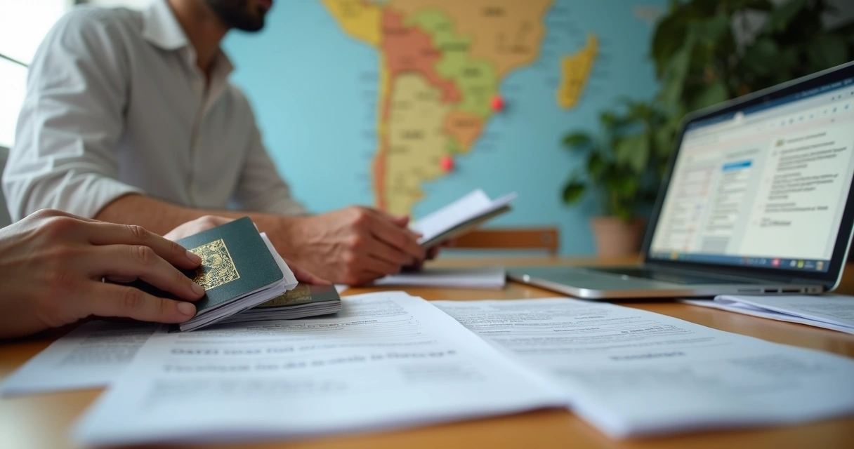 Casal brasileiro segurando passaportes e formulário PB4 diante de mapa de Portugal 