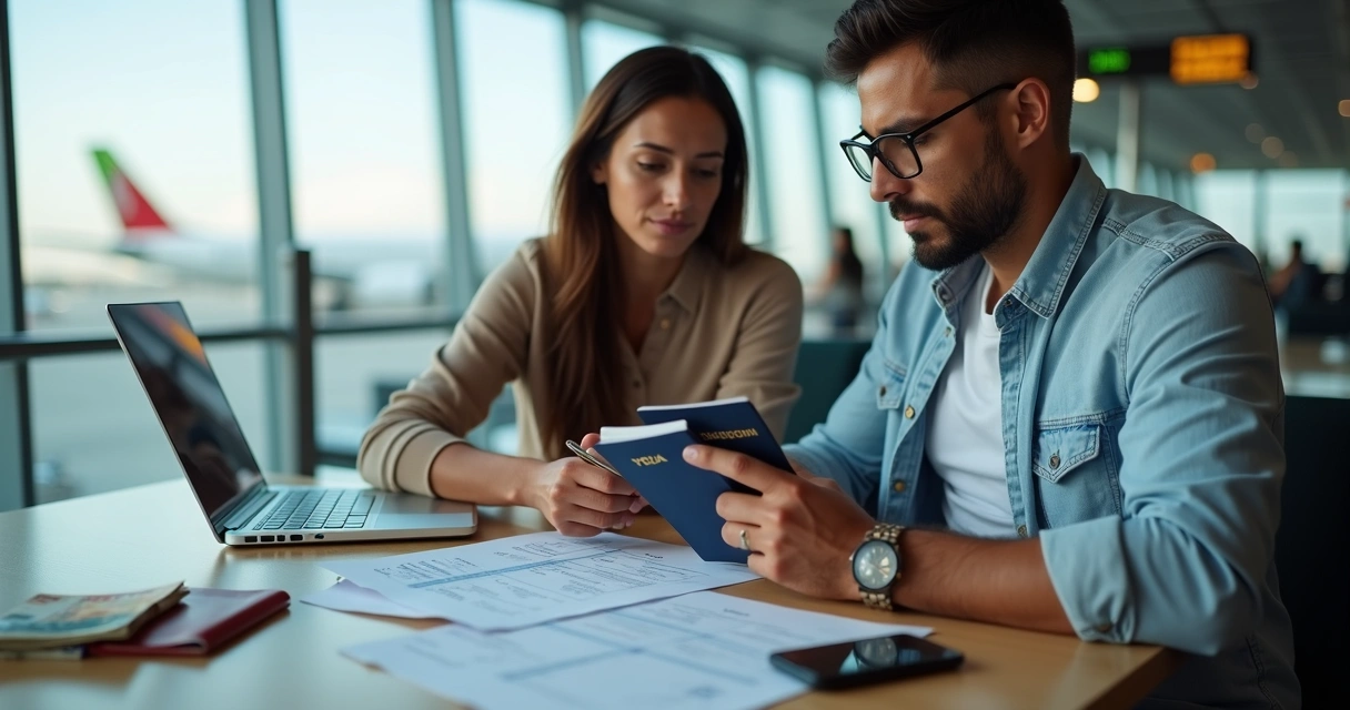 Casal brasileiro analisando documentos de saúde e seguro viagem em aeroporto rumo a Portugal 