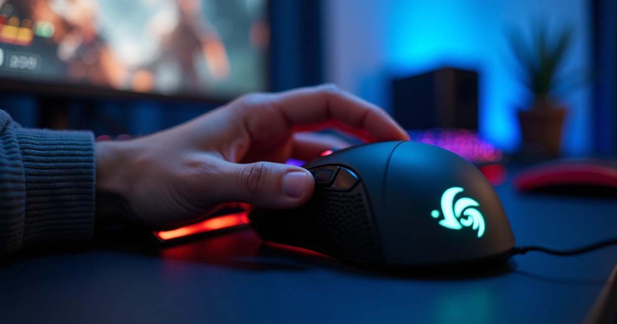 Close-up of a gamer adjusting gaming mouse in action 