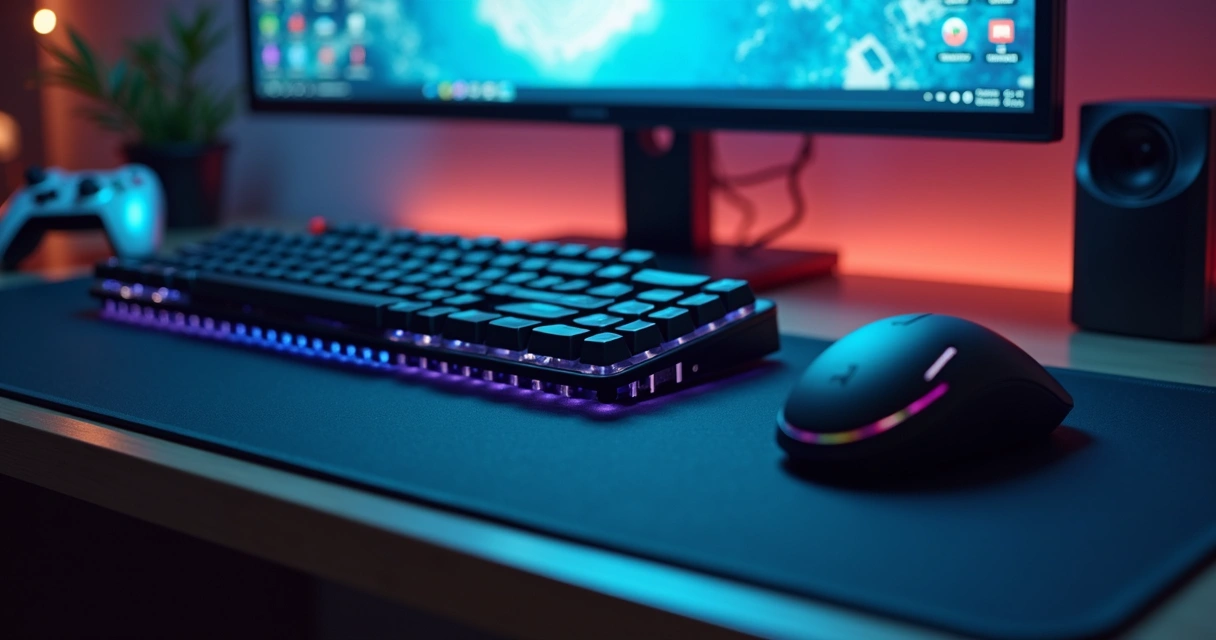 PC gaming desk setup with keyboard, mouse, and controller 