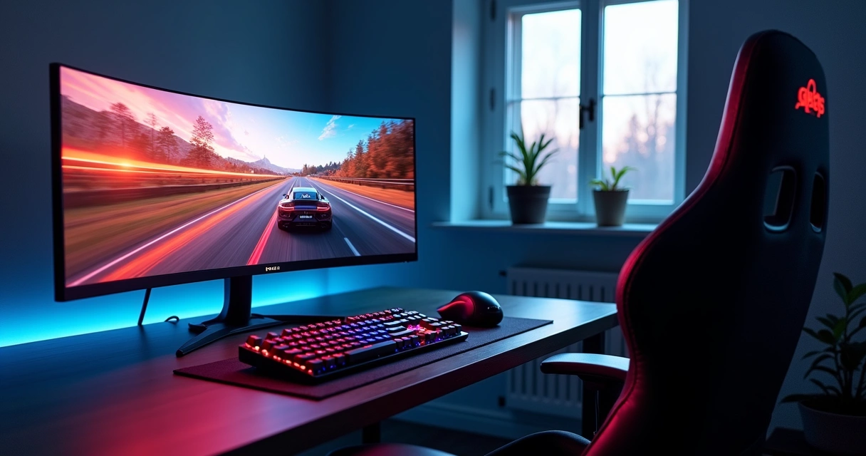 Modern gaming desk setup with two large monitors 
