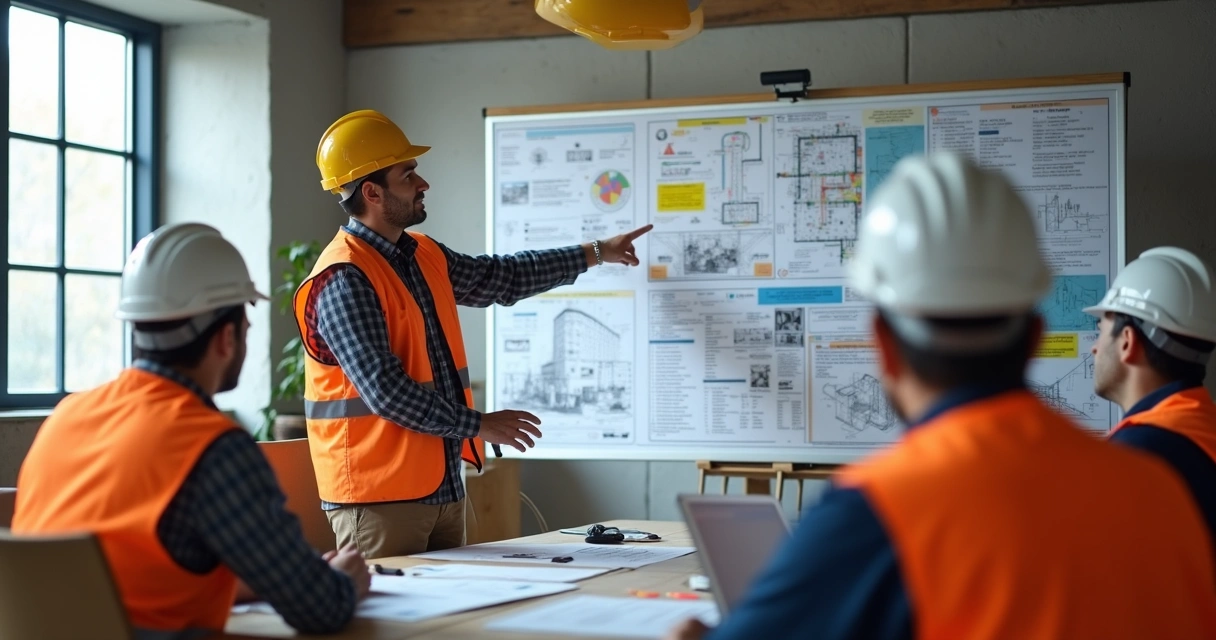 Engenheiro apresentando PCMAT para grupo de trabalhadores