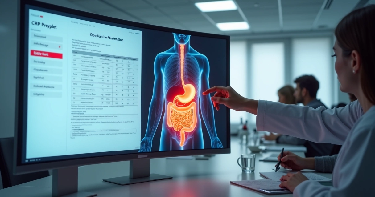 Painel com exame de PCR elevada ao lado de ilustração de intestino inflamado. 