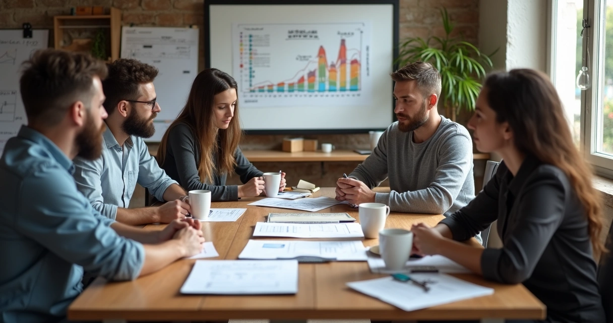 Equipe reunida ao redor da mesa, discutindo gráficos e documentos de planejamento