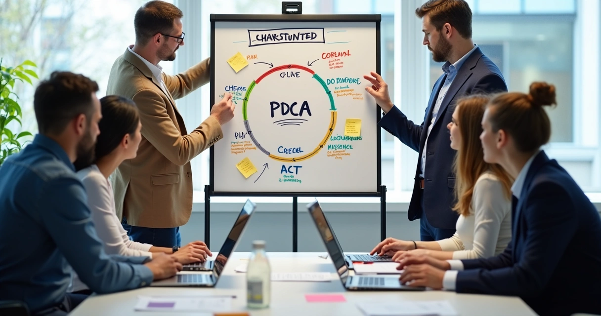 Equipe ao redor de quadro PDCA em reunião de melhoria contínua 