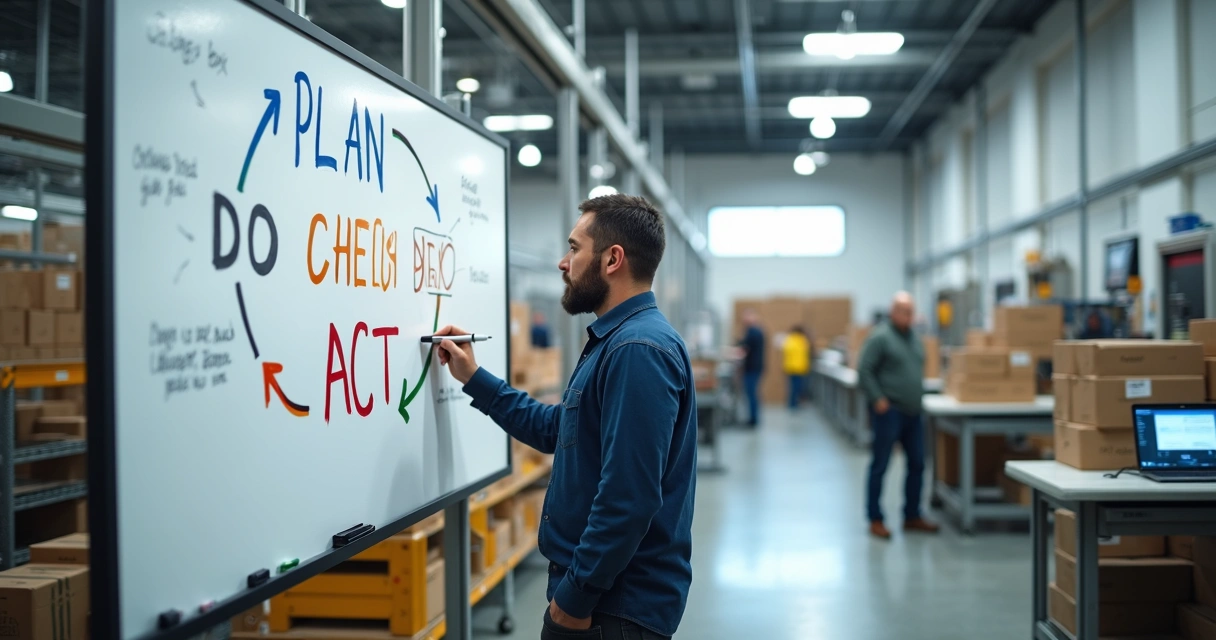 Dono de PME anotando ciclo PDCA em quadro branco na área operacional 