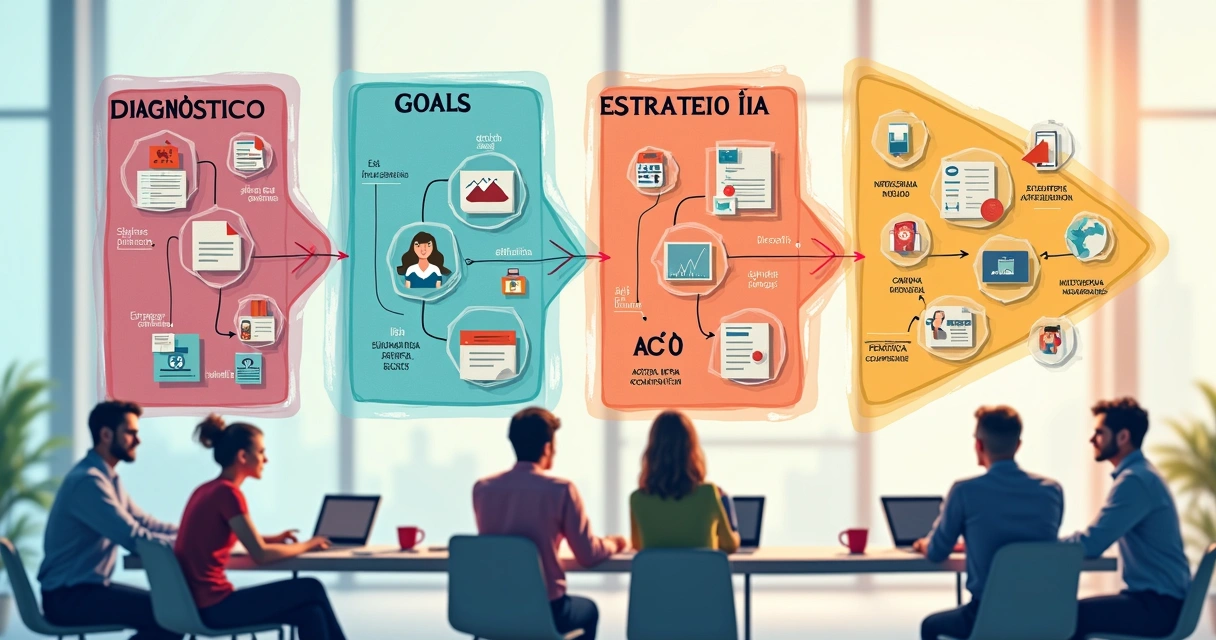 Fluxo visual de um PDI mostrando diagnóstico, estratégia e ação conectados 