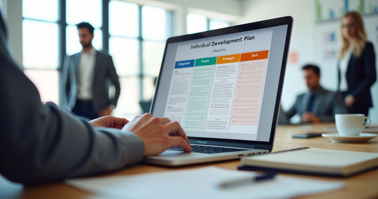 Profissional preenchendo planilha de PDI no notebook em ambiente de escritório moderno 