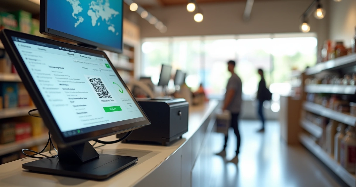 Interface de PDV integrada à API NFC-e em balcão de loja moderna 