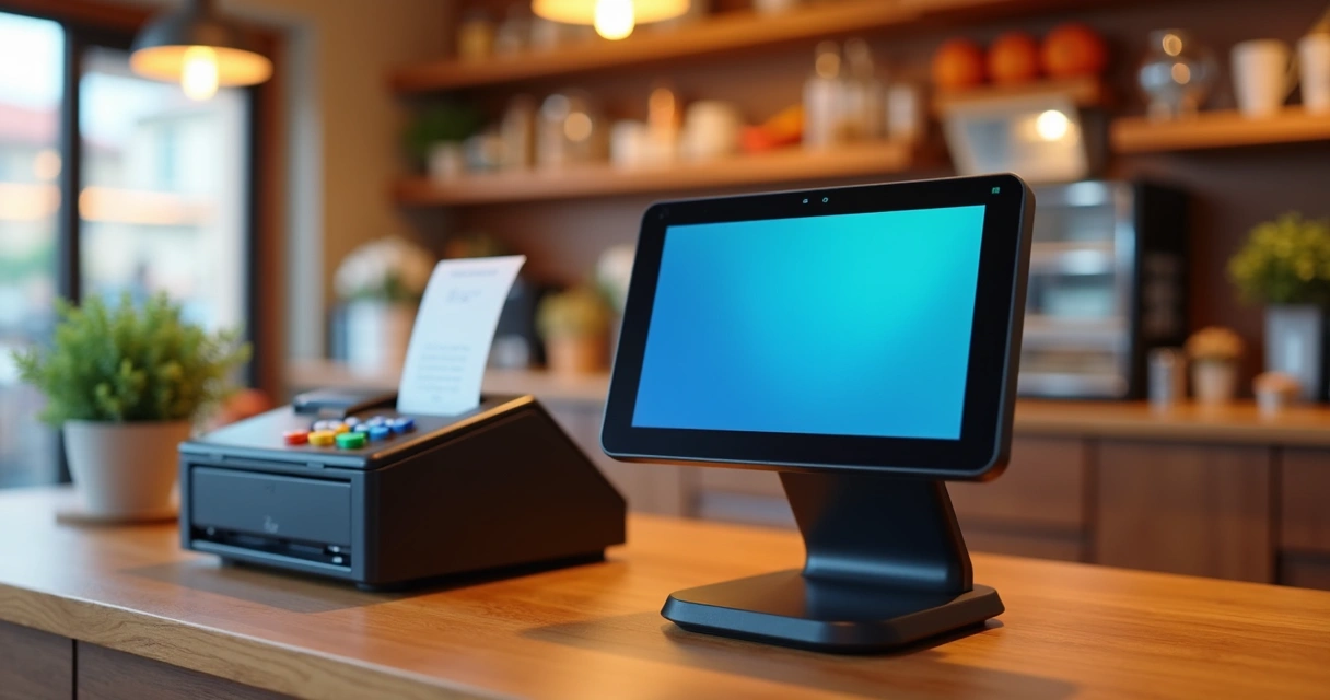 Balcão de restaurante com máquina smart ao lado do caixa
