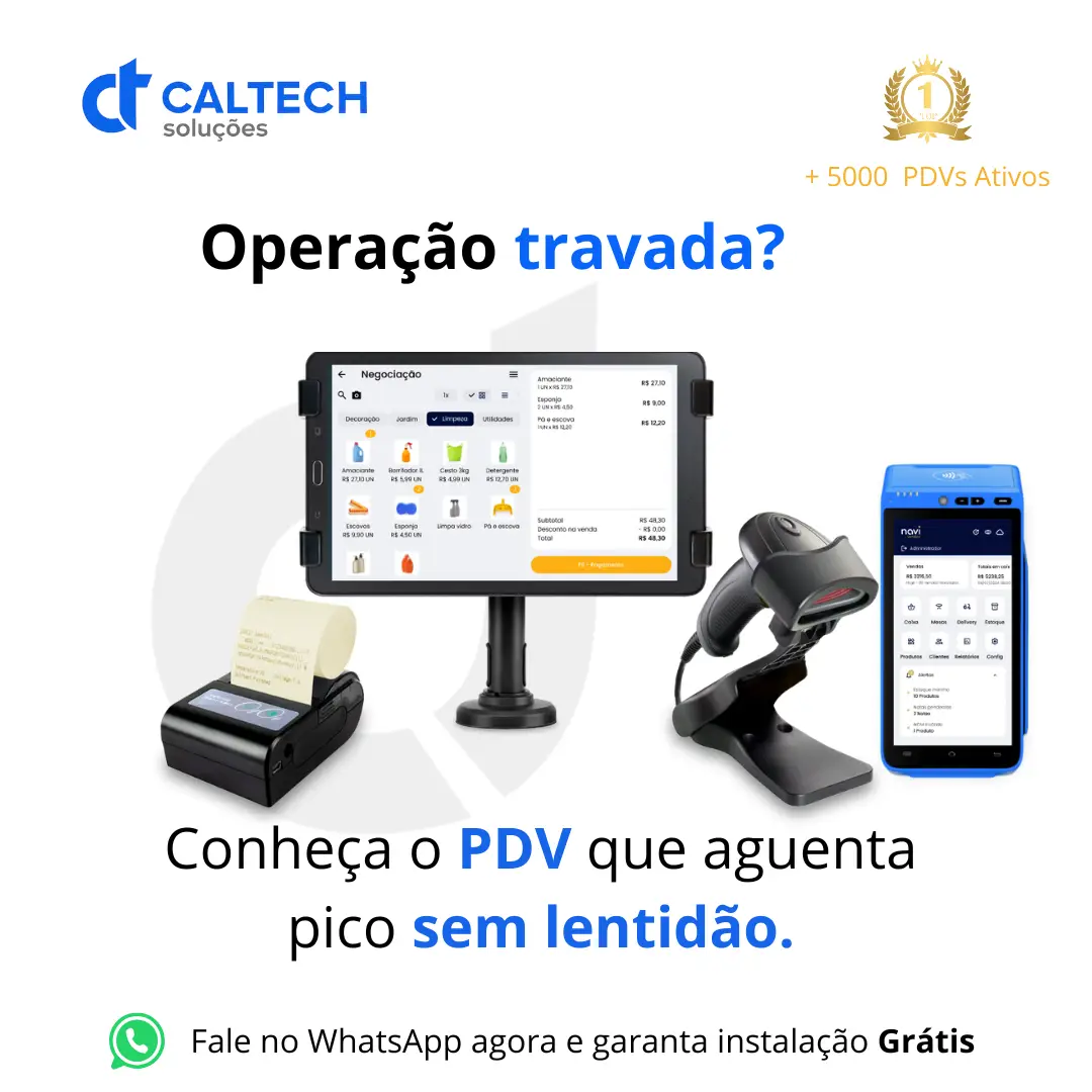 Equipamentos de ponto de venda com tablet, impressora, leitor de código de barras e dispositivo azul para gestão comercial