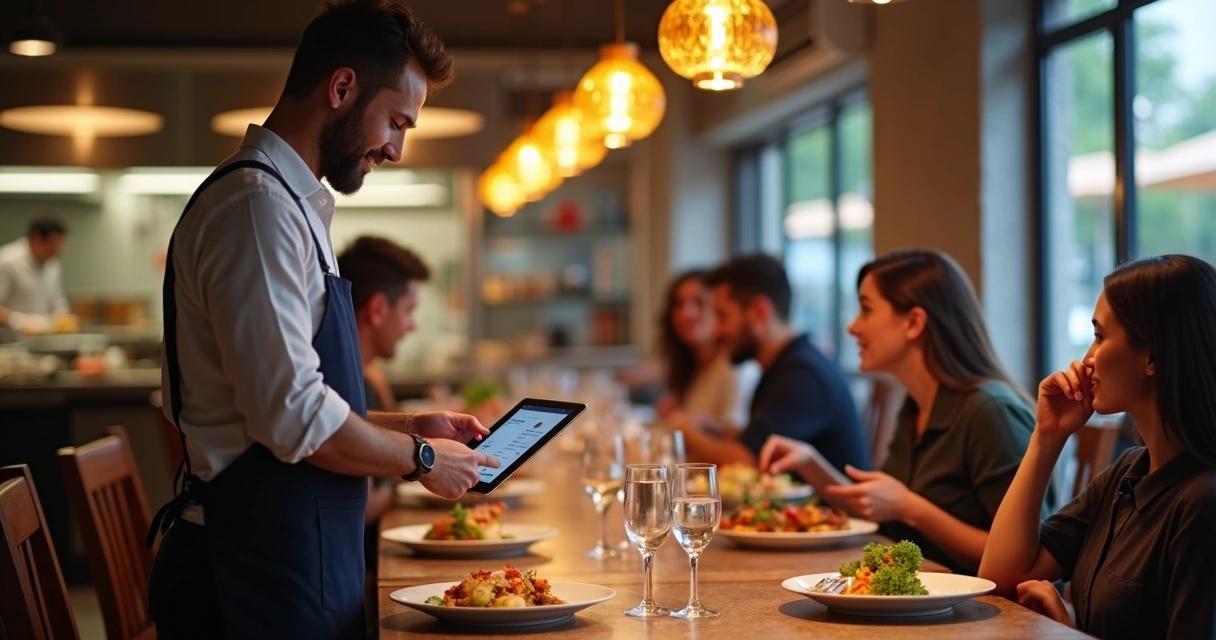 Garçom usando app de PDV em restaurante para pedidos e delivery 