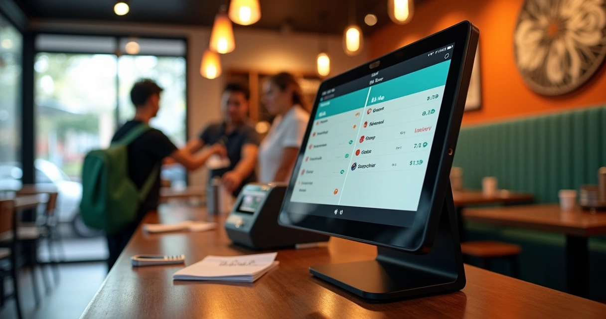Balcão de restaurante com tela de PDV exibindo pedidos de delivery integrados 
