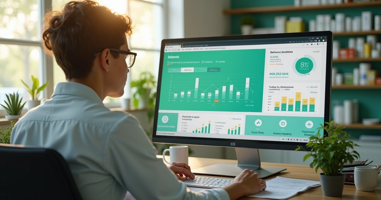 Gestor de farmácia analisando vendas em sistema integrado 